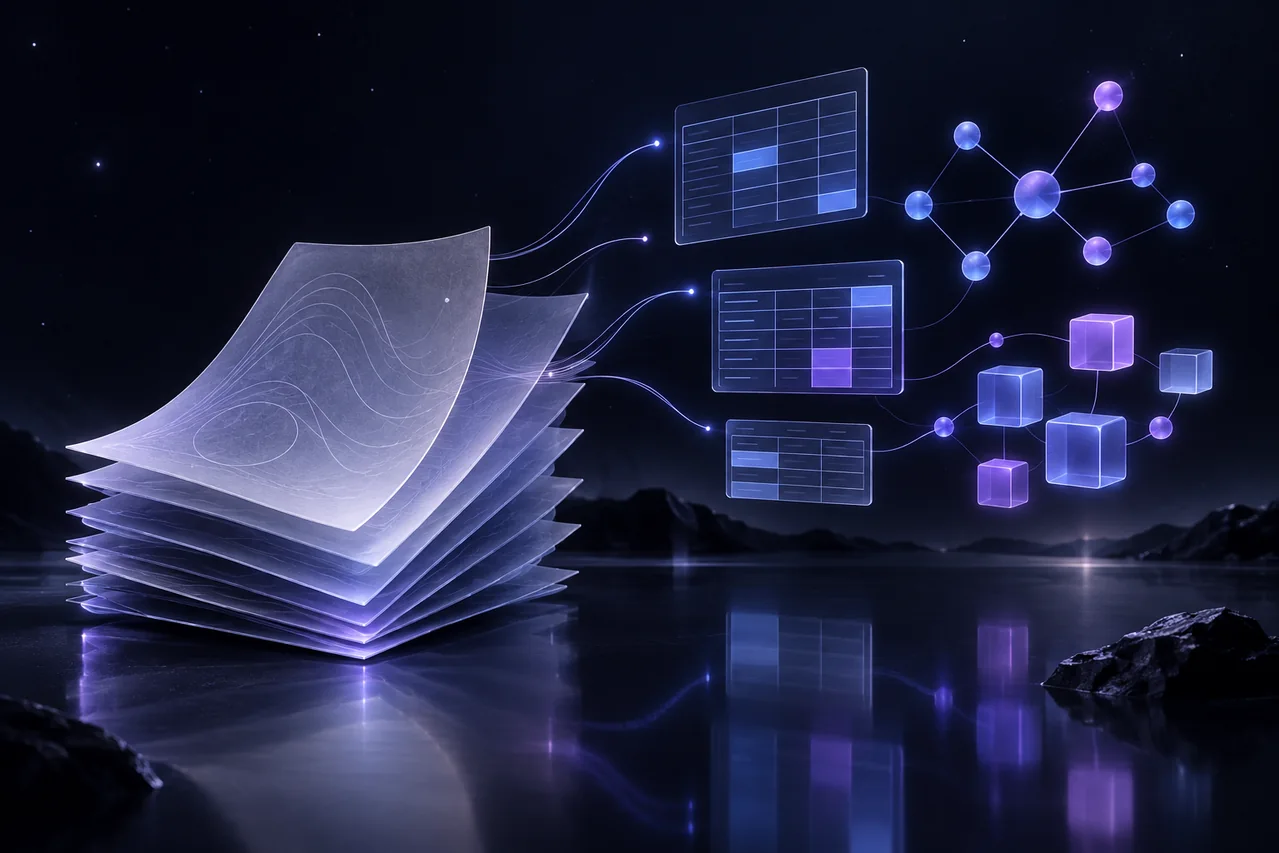 A stack of paper sheets turning into data panels and connected cubes: documents becoming usable knowledge