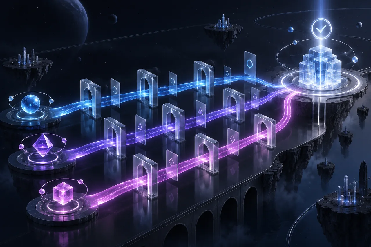 Glowing paths passing through checkpoint gates to a crystal tower: AI work checked before it is accepted