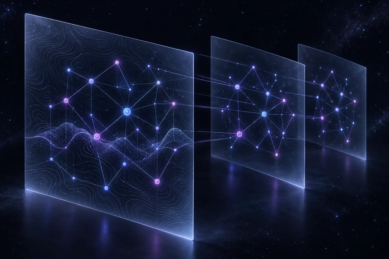 Three translucent planes of connected nodes receding in depth: the same data at different moments