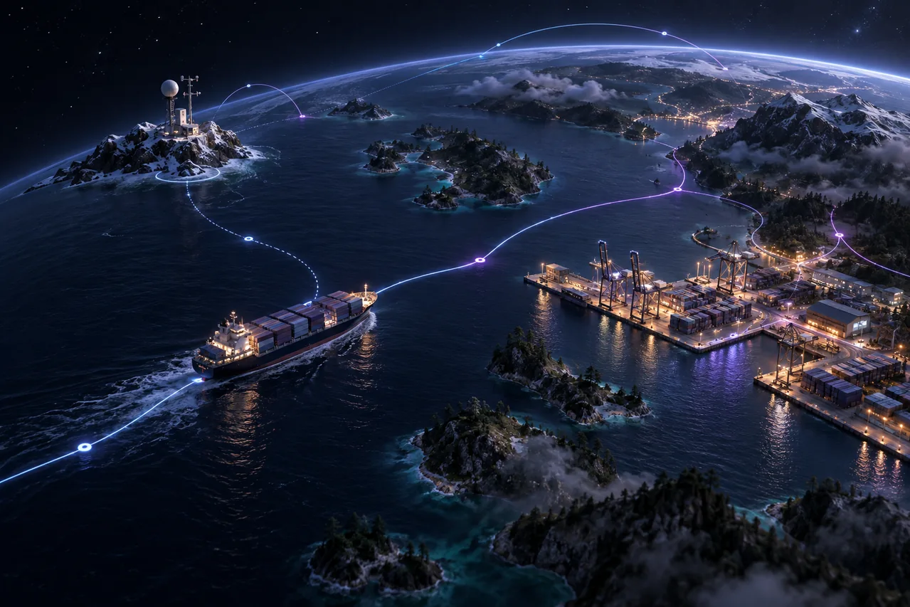 Night view of a coastline with lit ports, a container ship and light routes: a connected worldwide twin
