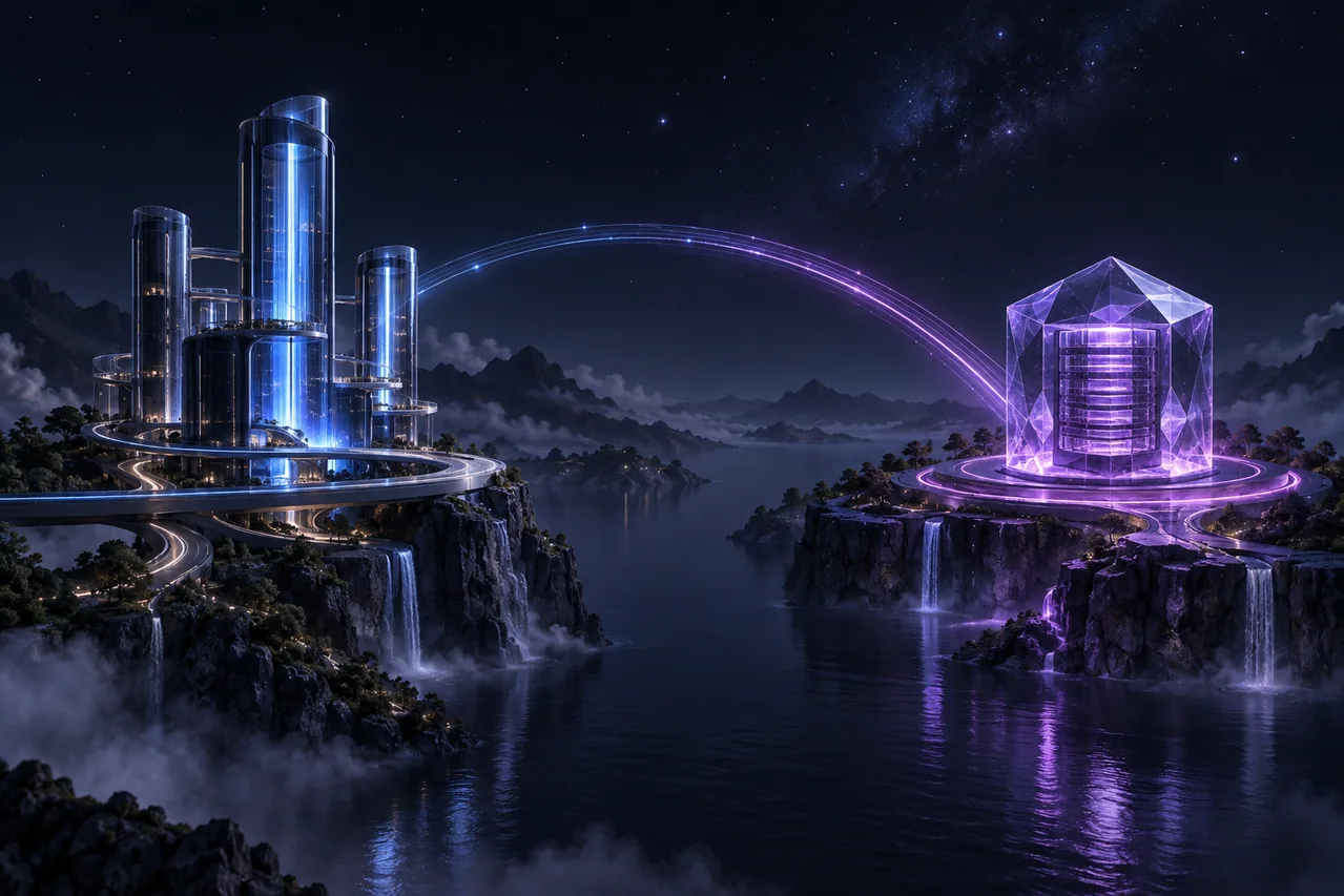 Glowing server towers on a cliff linked by an arc of light to a second island: applications running with a route back