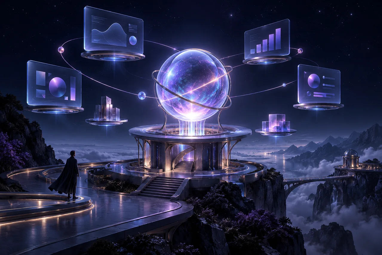 An observatory-like glowing sphere above floating dashboard panels