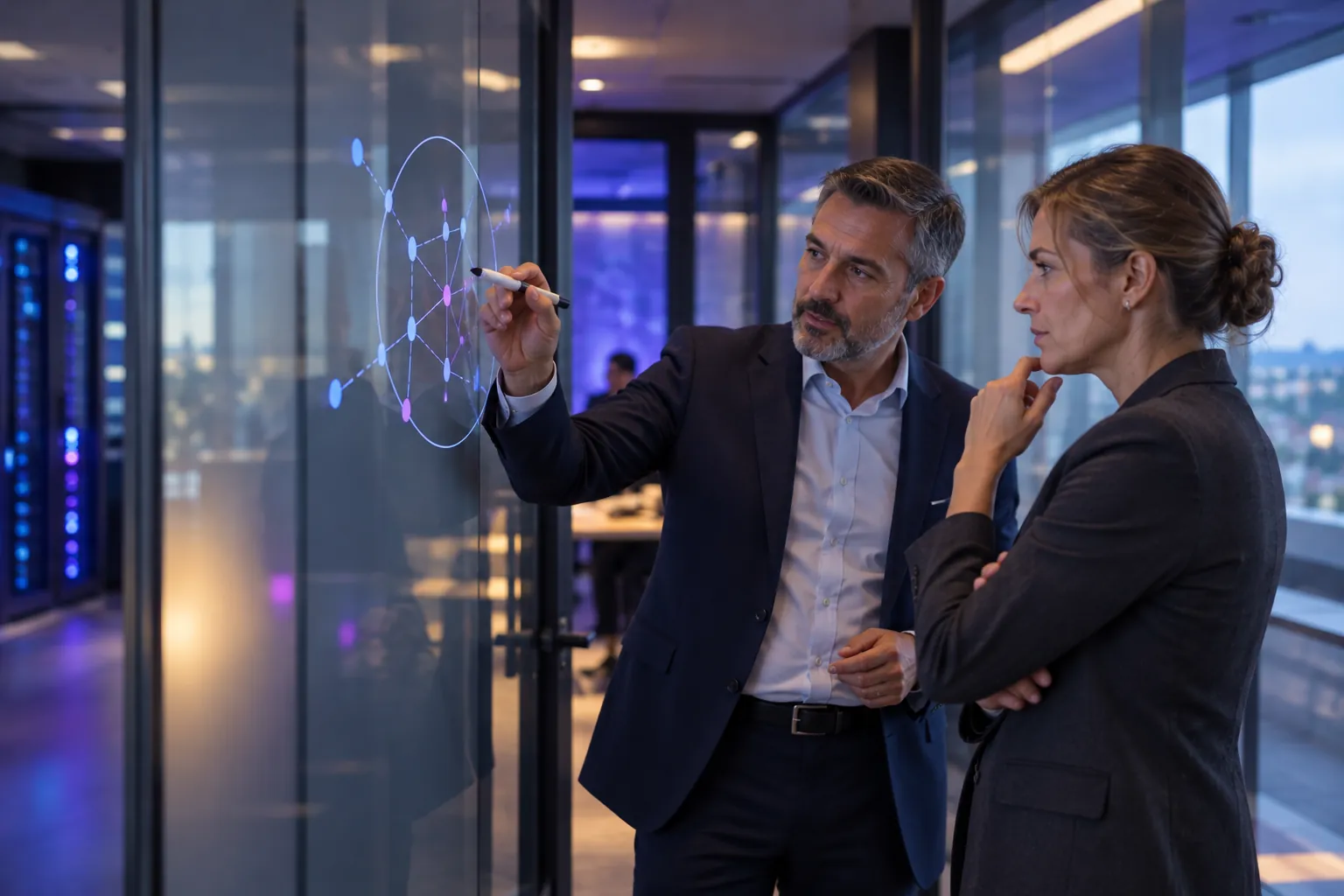 Two technology leaders at a glass wall, sketching which data stays inside the organisation’s boundary (illustrative image)