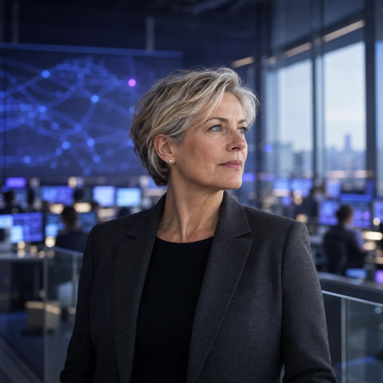Illustrative portrait of a chief operating officer overlooking an operations floor