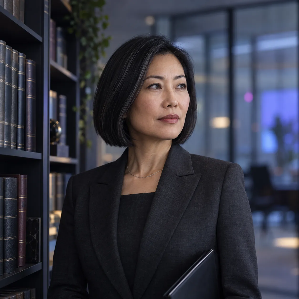 Illustrative portrait of a head of compliance beside shelves of regulatory volumes