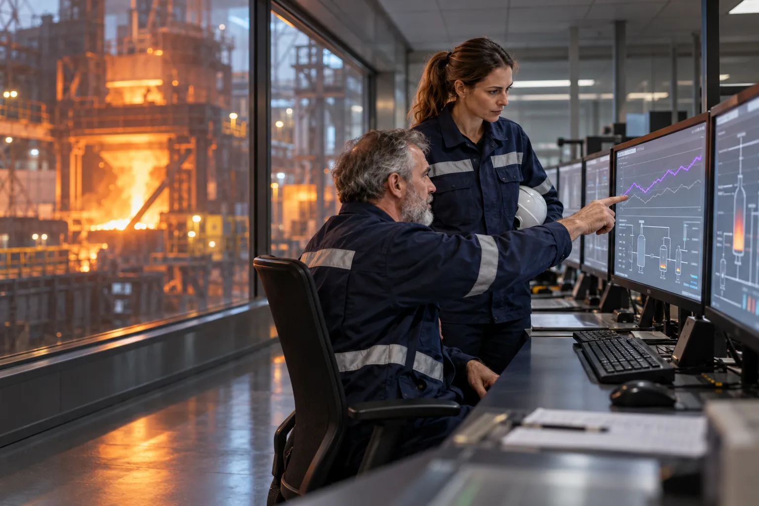 Two operators in a control room following a live trend on screen (illustrative image)
