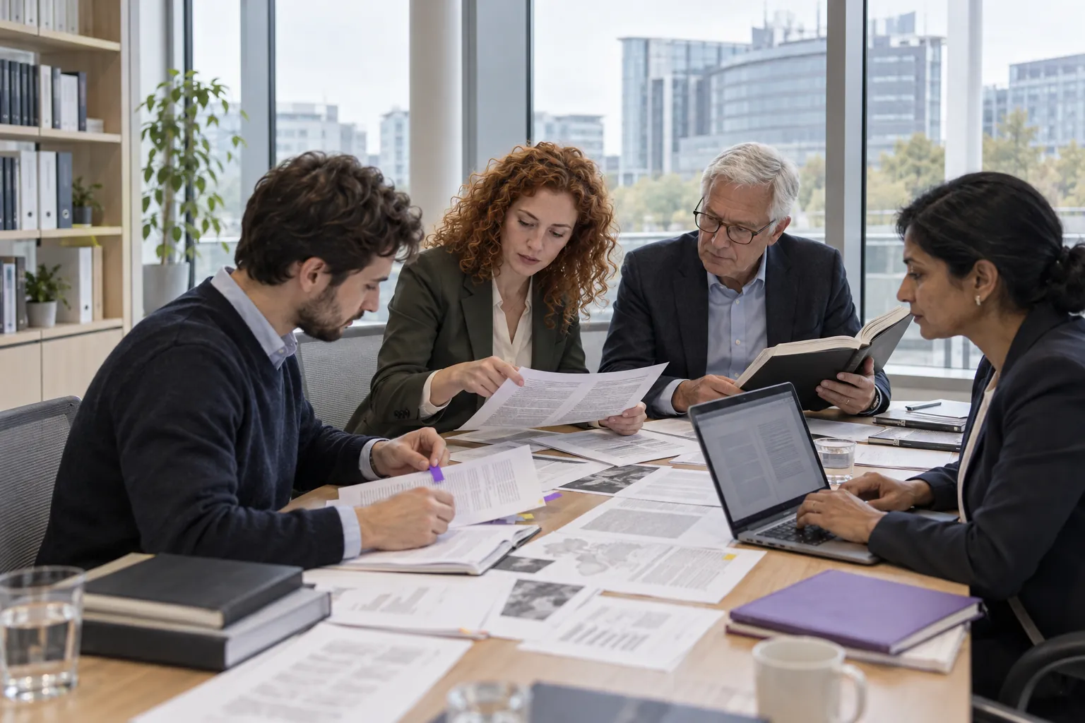 A multilingual legal team comparing printed documents around a meeting table (illustrative image)