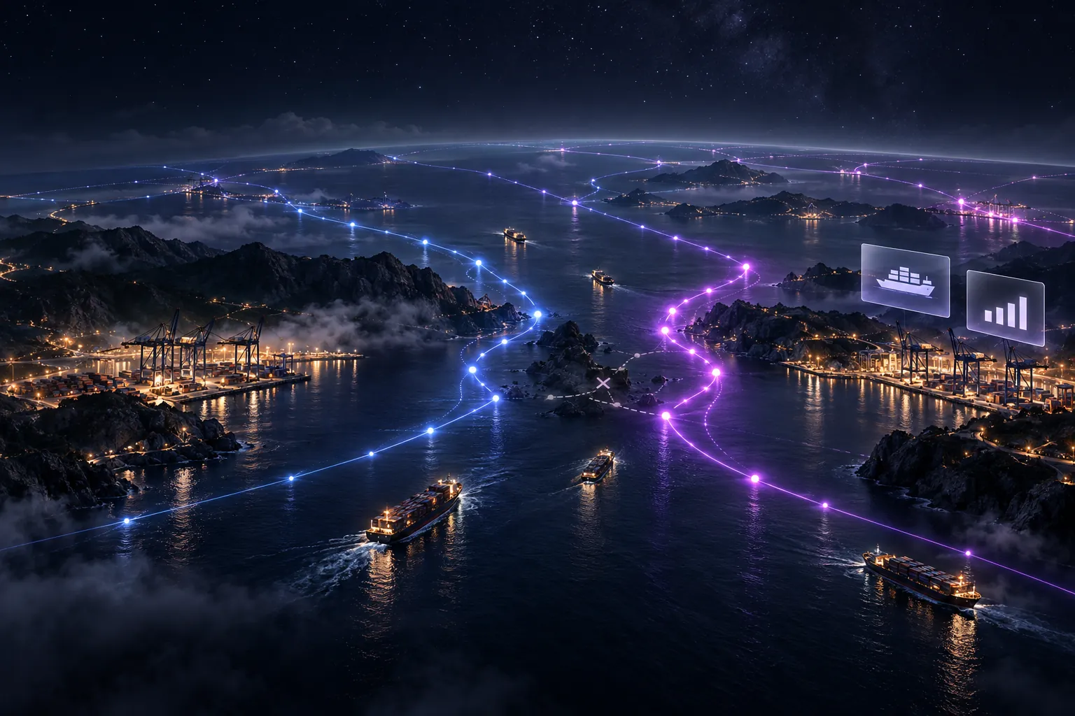 Conceptual map linking vessels, ports and shipping routes at night