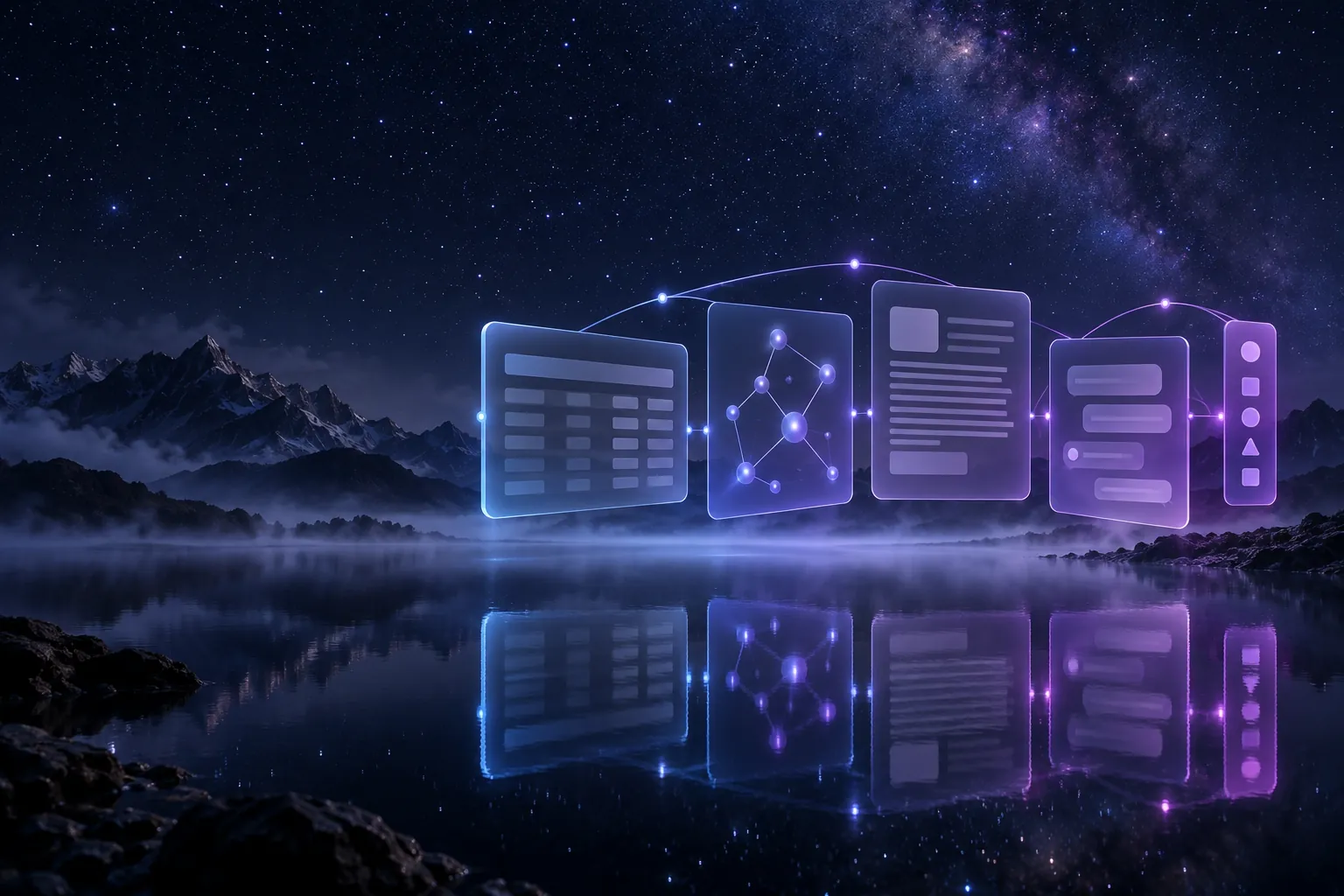 Floating interface panels (dashboard, knowledge graph, document preview and assistant) composed into one application