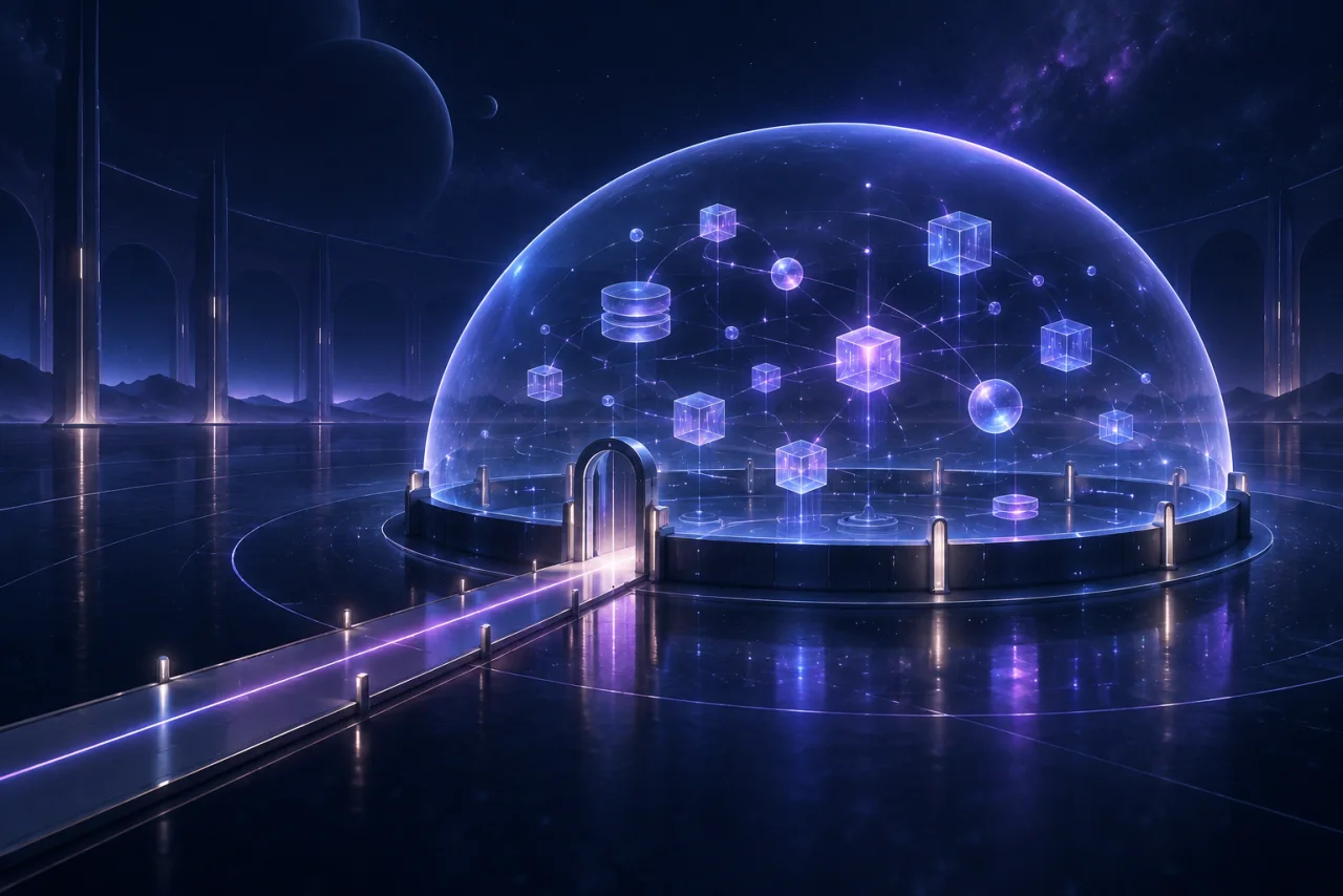 Conceptual illuminated data core protected inside a dark glass enclosure