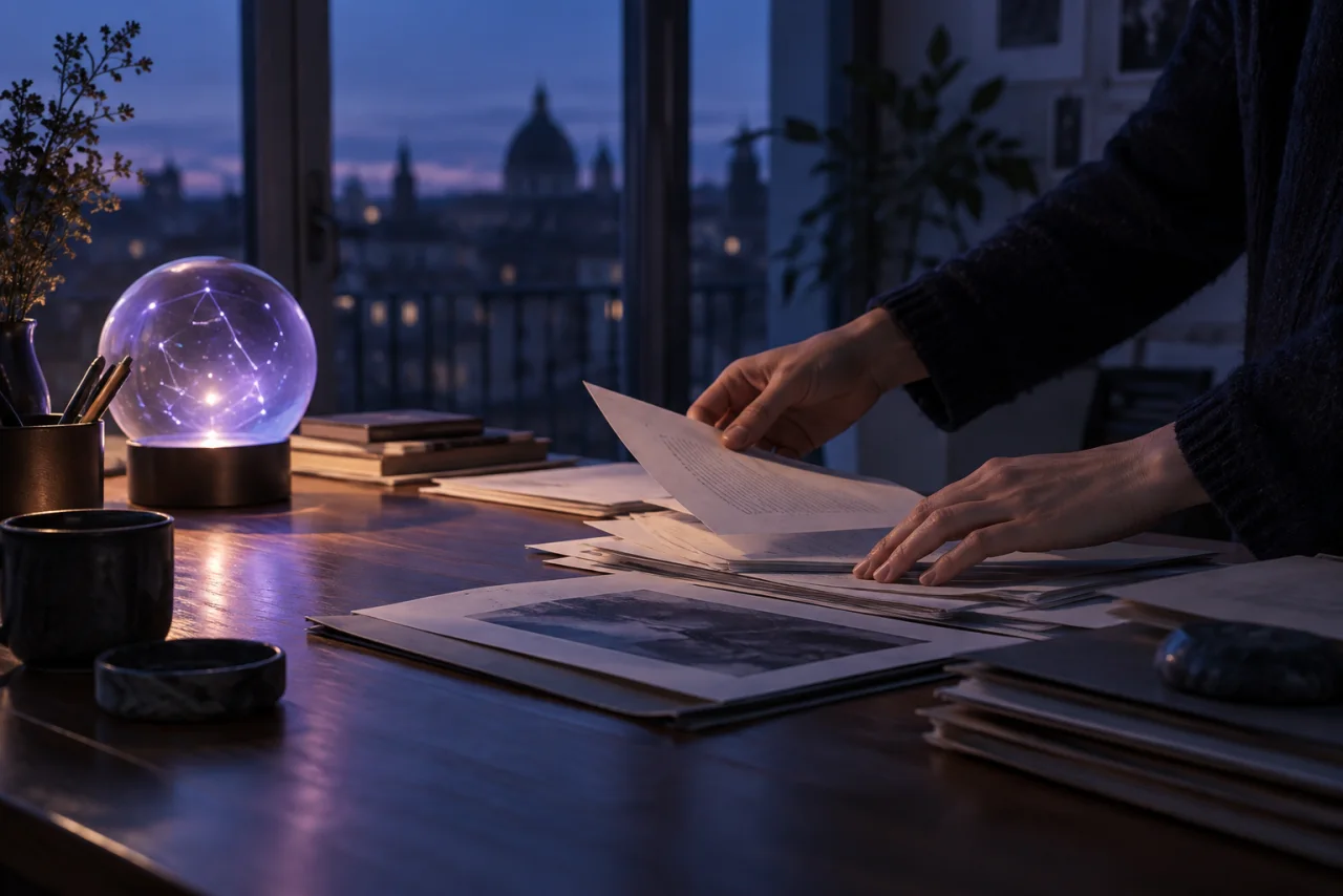 Hands arranging paper records beside a softly glowing constellation light