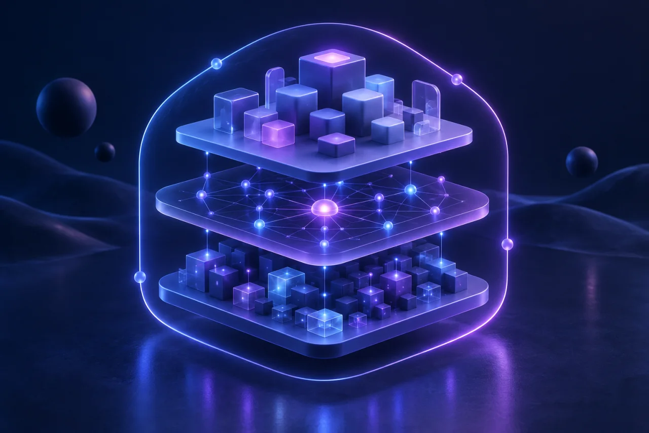 Three illuminated platform layers linked by a blue and violet network