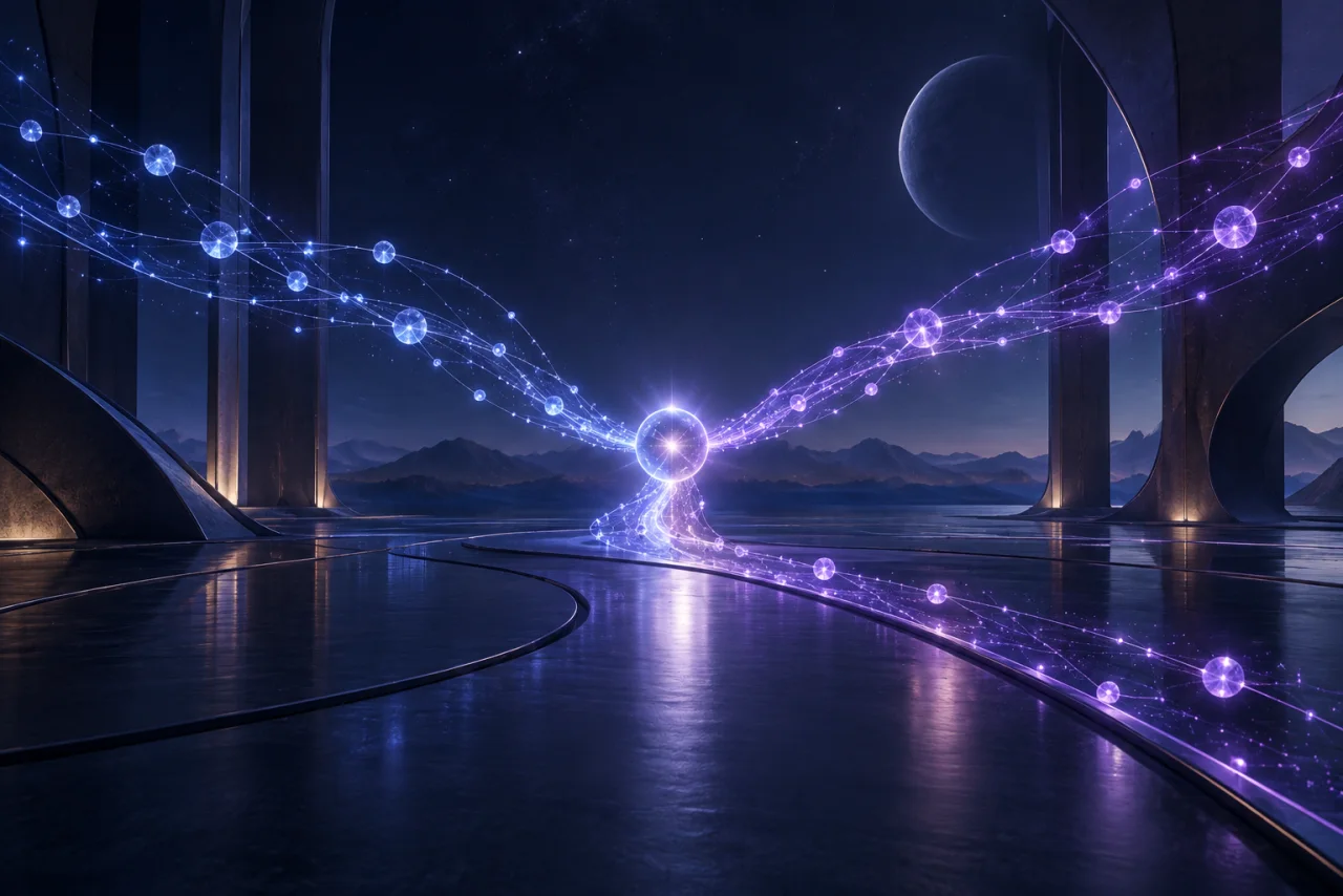 Two blue and violet constellation paths meeting in a shared direction