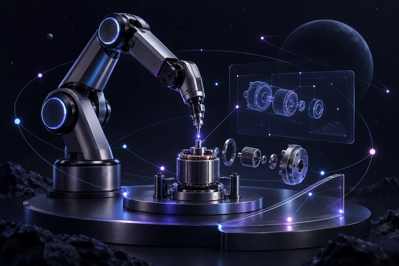 Conceptual electromechanical production line with connected robot signals