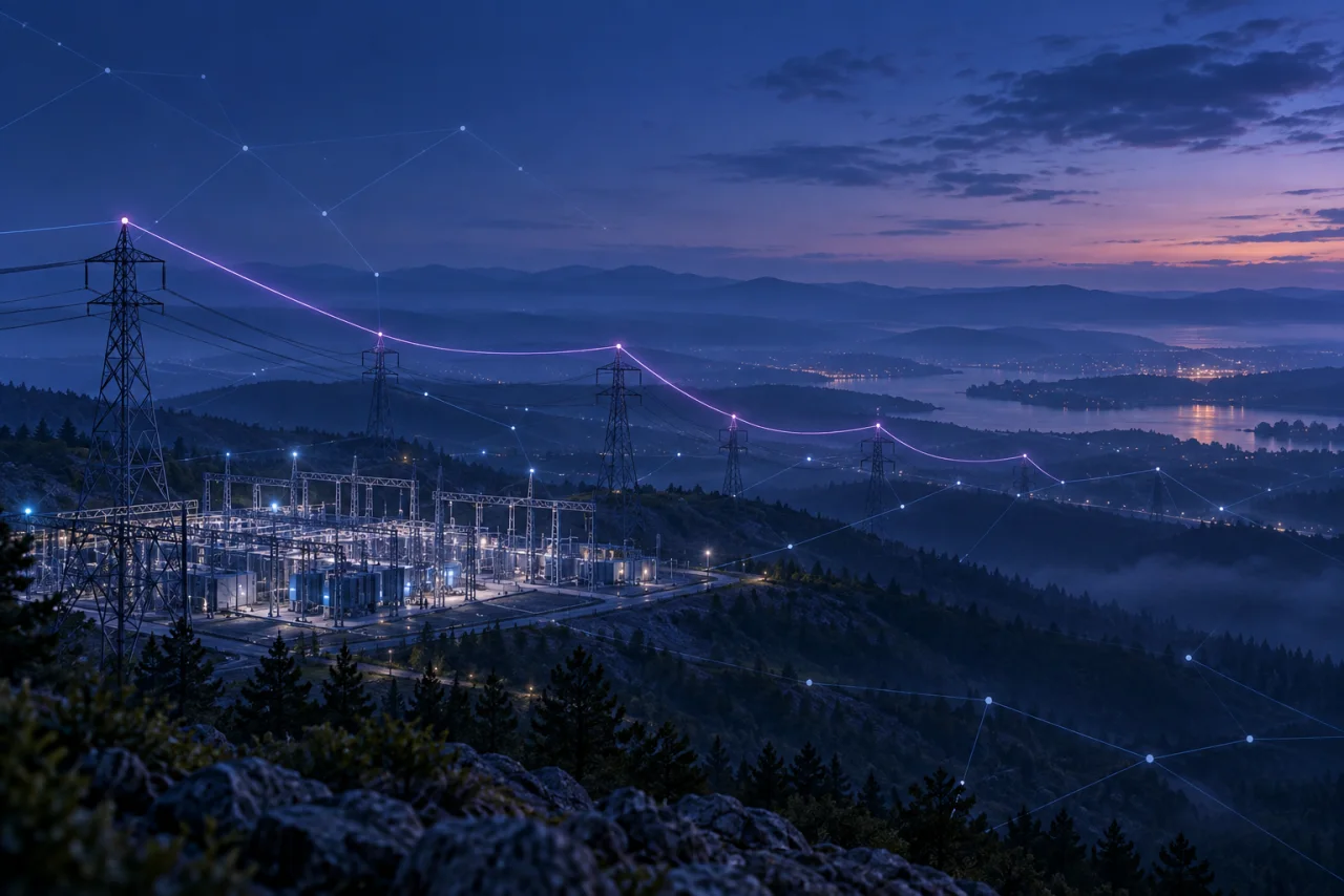 Conceptual electricity grid with connected points of light