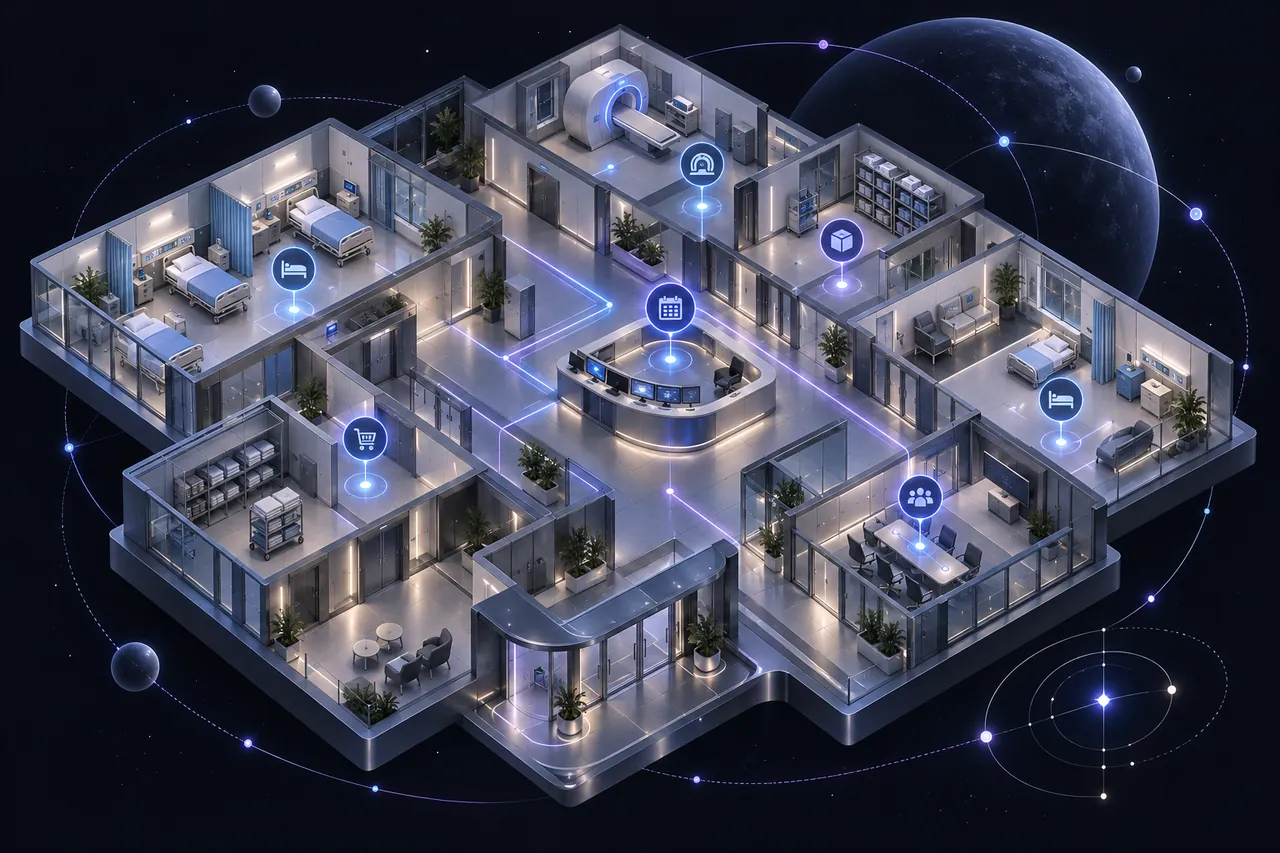 Conceptual hospital operations network connecting teams, resources and workflows