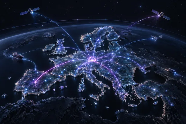 Conceptual Europe map with connected intelligence signals