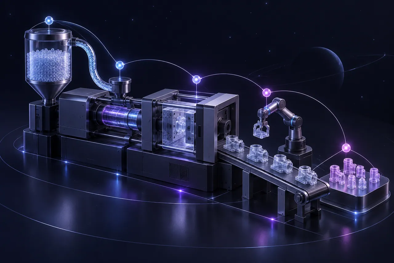 Conceptual plastics production data connected across a factory process