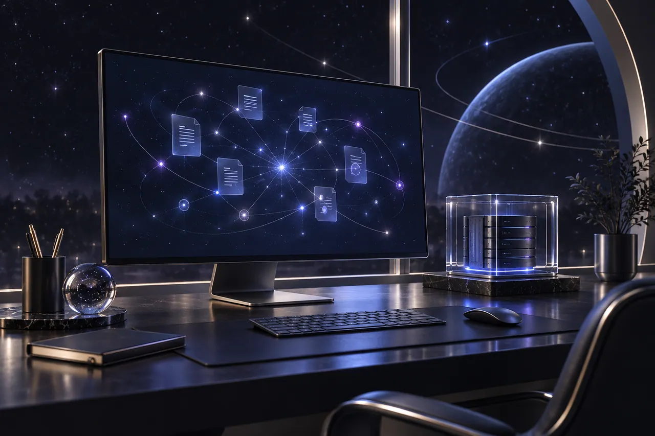 Conceptual public service workspace with connected documents and service signals