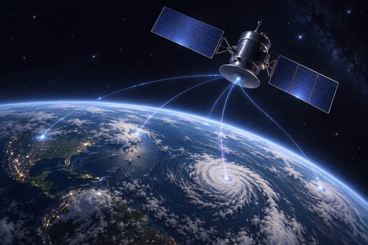 Conceptual satellite and weather signals connected across a global view