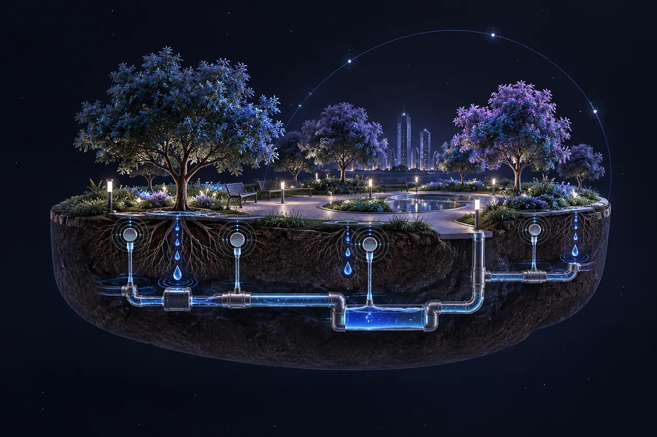 Conceptual urban trees and water-management signals connected across green spaces
